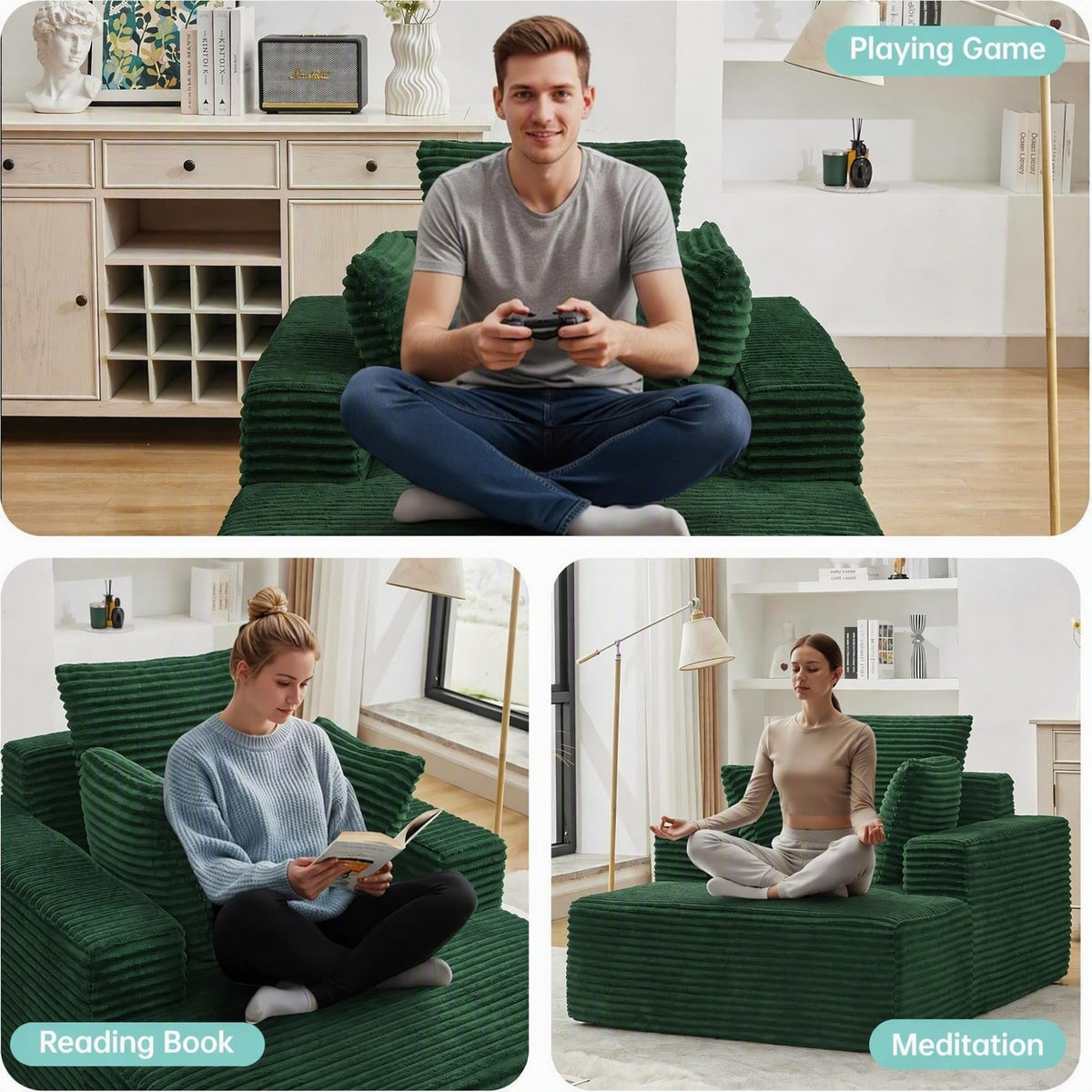 [Green] oversized corduroy chaise lounge chair — three lifestyle scenes: gaming, reading, and meditation